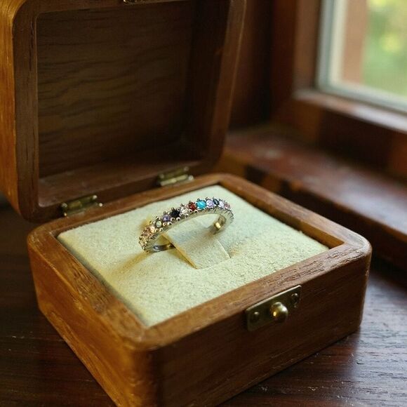 Genuine Gemstone Sterling Silver Stacker Ring Vibrant Multi-Stone Elegance Sz 6 - Picture 2 of 8